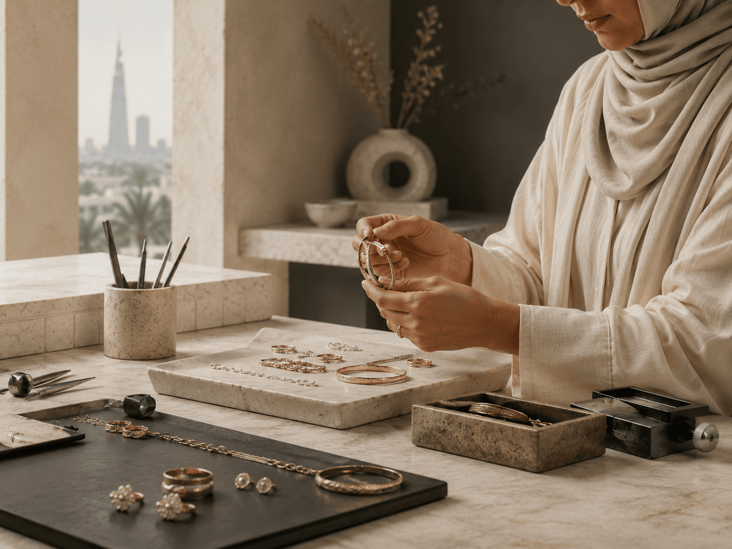 An emerging jeweler reviewing a collection of finished pieces in a Riyadh studio.