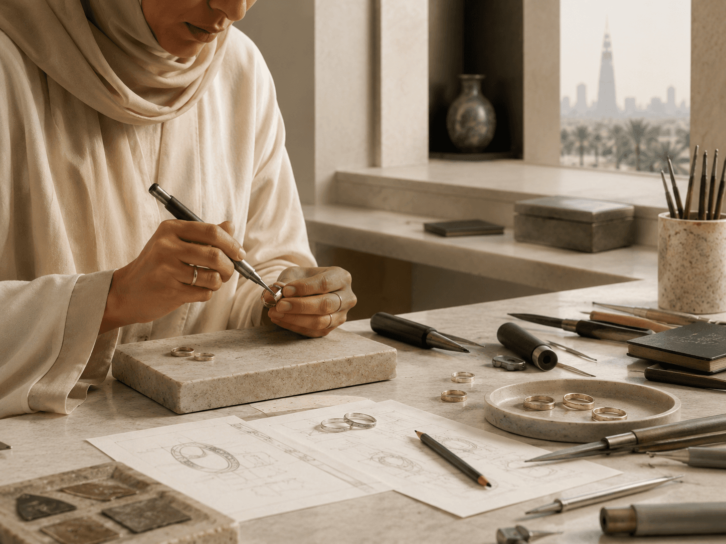 A maker refining technique at a professional bench, working from her own sketches.